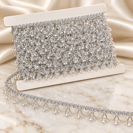 Premium Silver Crystal Round Bead Hanging Lace Border  9 Meter Designer Beaded Fringe Lace Trim