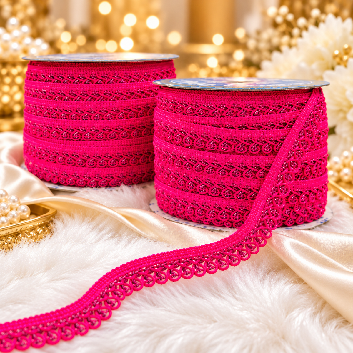 Rani Pink Designer Loop Lace Border 18 Meter | Decorative Braided Lace for Saree, Blouse, Dupatta, Lehenga & Kurti – Pack of 2 Rolls