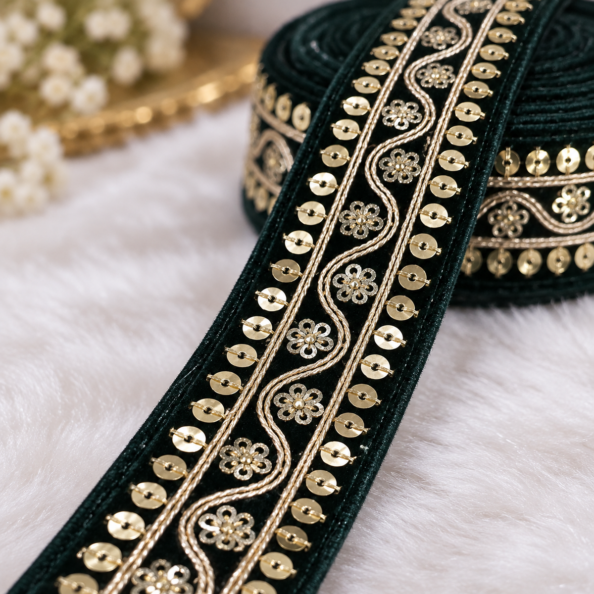 Premium Dark Green Velvet Look Golden Zari Embroidered Sequin Lace Border for Saree, Blouse, Dupatta, Lehenga & Kurti – Fancy Floral Designer Lace