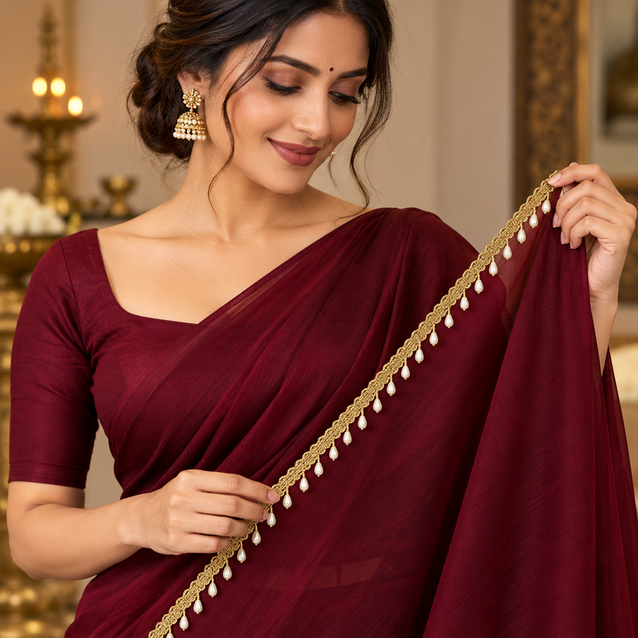 Premium Gold & White Pearl Teardrop Hanging Lace Border – 9 Meter | Designer Pearl Latkan Lace for Saree, Blouse, Dupatta & Lehenga