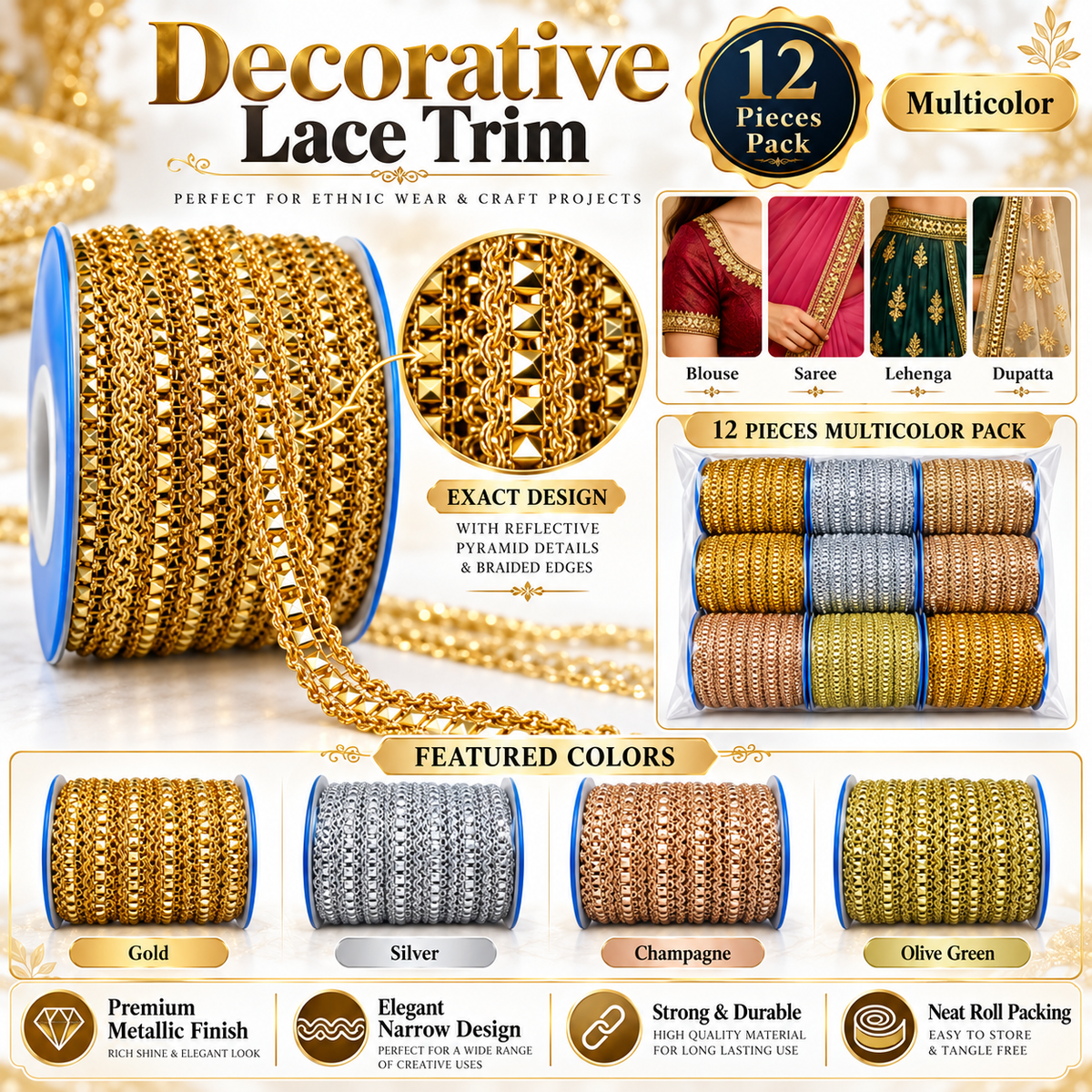 Premium Metallic Pyramid Stone Design Lace Trim for Saree, Blouse, Lehenga, Dupatta & Kurti Border – Gold, Silver & Champagne Multicolor Pack of 12 Rolls