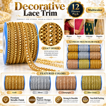 Premium Metallic Pyramid Stone Design Lace Trim for Saree, Blouse, Lehenga, Dupatta & Kurti Border – Gold, Silver & Champagne Multicolor Pack of 12 Rolls