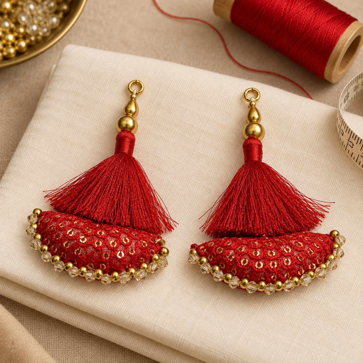 Red Designer Blouse Latkan with Silk Thread Tassels, Gold Sequins & Bead Work | Lehenga Dori Hanging Tassels – 6 Pair (12 Pieces)