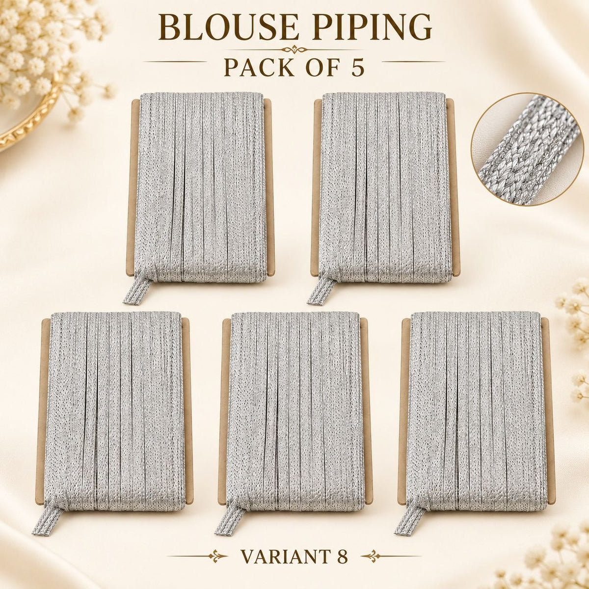 Silver Blouse Piping Dori Pack of 5 | Decorative Piping Cord for Blouse, Saree & Dress Stitching
