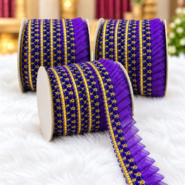 Violet Purple Frill Lace Border with Royal Blue & Gold Detailing for Saree, Blouse & Dupatta – Pack of 3 Rolls