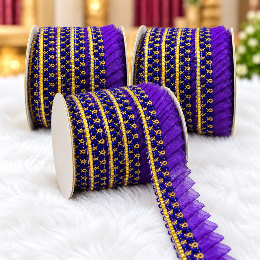 Violet Purple Frill Lace Border with Royal Blue & Gold Detailing for Saree, Blouse & Dupatta – Pack of 3 Rolls