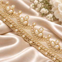 Champagne Gold Pearl Work Scalloped Net Lace Border for Saree, Blouse, Dupatta & Lehenga – 9 Meter Roll
