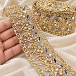 Premium Golden Pearl & Mirror Work Floral Net Lace Border for Saree, Blouse, Dupatta & Lehenga