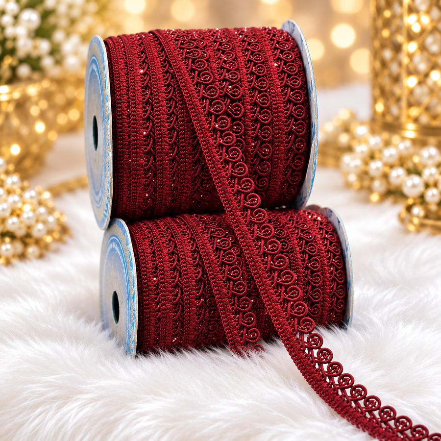 Maroon Designer Loop Lace Border 18 Meter | Decorative Embroidered Lace Trim for Saree, Blouse, Dupatta, Lehenga & Kurti | Pack of 2 Rolls