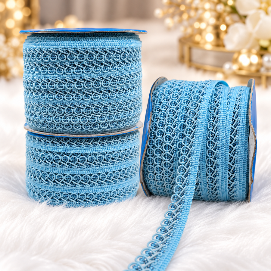 Sky Blue Designer Loop Lace Border 18 Meter | Embroidered Decorative Lace Trim for Kurti, Blouse, Saree, Dupatta & Dress | Pack of 2 Rolls
