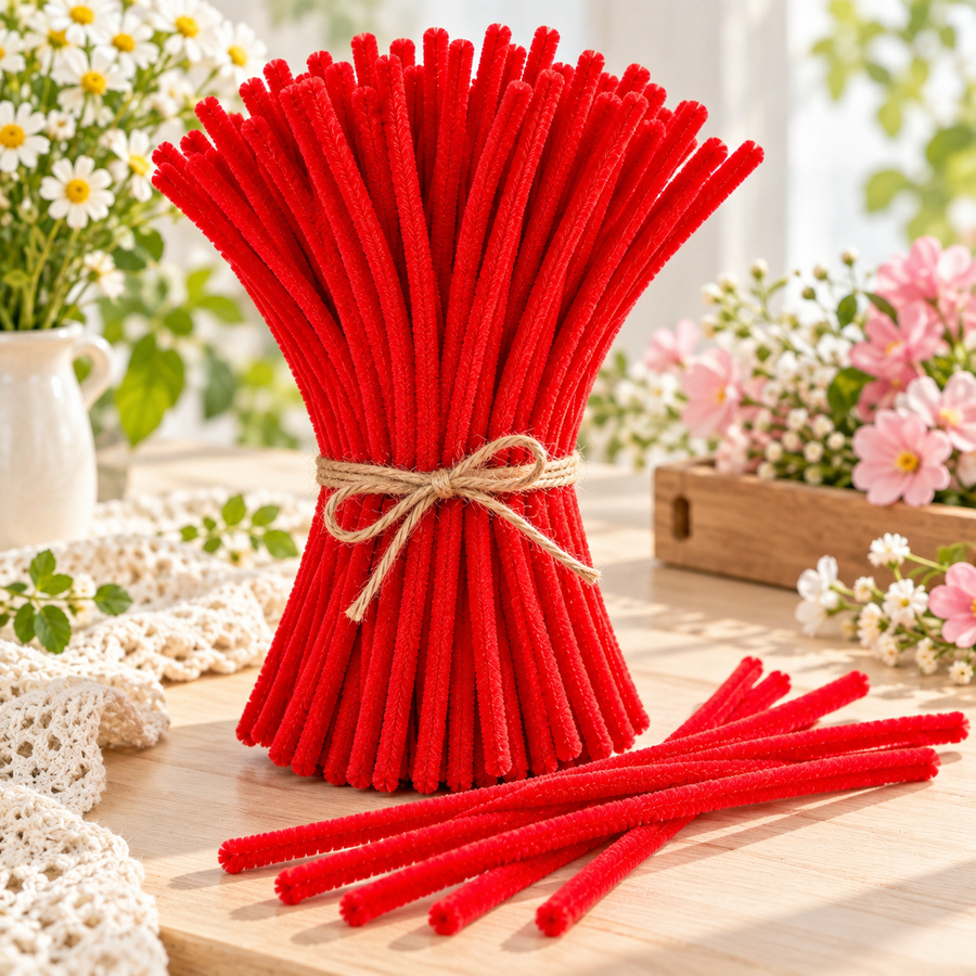 Red Pipe Cleaner Chenille Stems for DIY Craft & Flower Making – 100 Pieces Per Pack