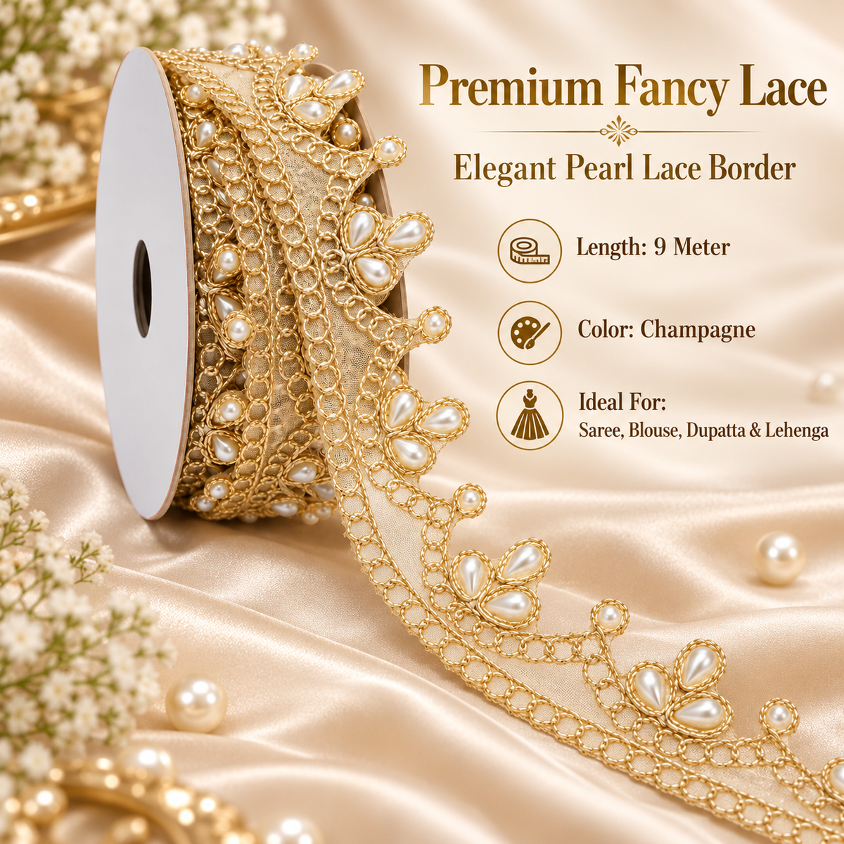 Champagne Gold Pearl Work Scalloped Net Lace Border for Saree, Blouse, Dupatta & Lehenga – 9 Meter Roll