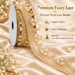 Champagne Gold Pearl Work Scalloped Net Lace Border for Saree, Blouse, Dupatta & Lehenga – 9 Meter Roll