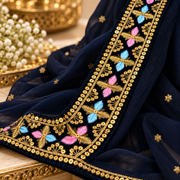 Premium Navy Blue Floral Embroidered Lace Border with Golden Zari & Sequin Work for Saree, Blouse, Dupatta, Lehenga & Kurti – 9 Meter
