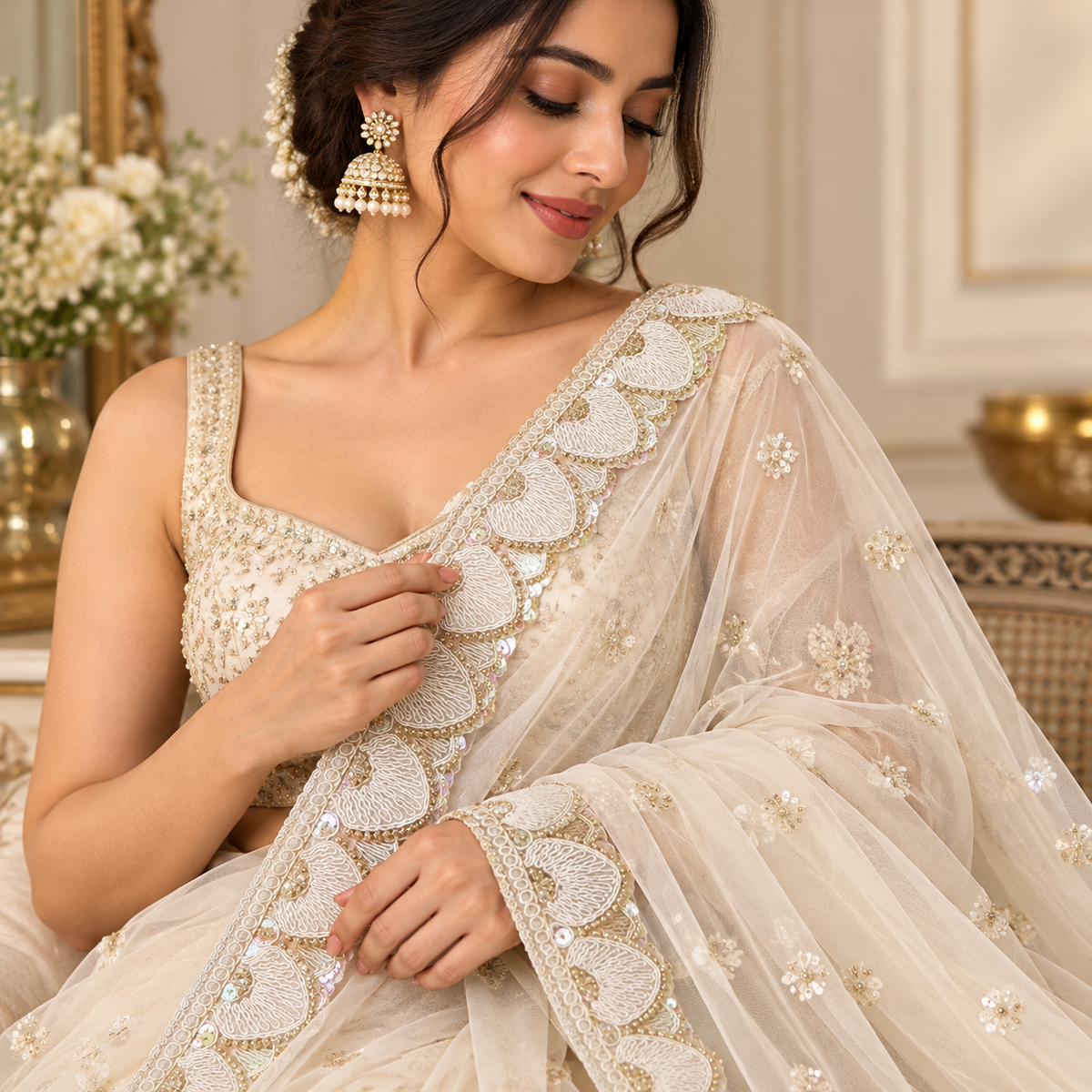 Premium White Scalloped Embroidered Sequin Lace Border for Saree, Blouse, Dupatta, Lehenga & Kurti – Designer Fancy Lace