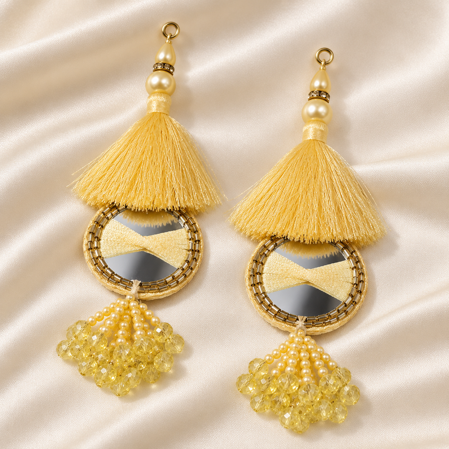 Golden Yellow Mirror Work Designer Latkan for Blouse & Lehenga Dori | Silk Thread Tassels with Round Mirror, Pearl & Crystal Bead Hanging | Pack of 12 Pieces (6 Pairs)