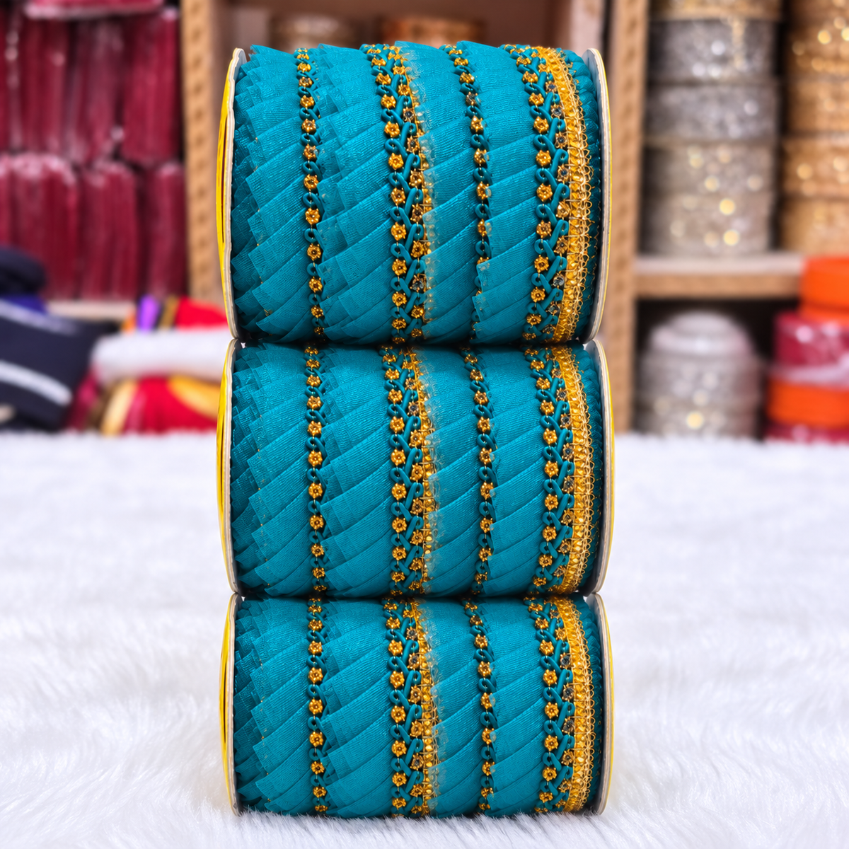Turquoise Blue & Gold Pleated Frill Lace Border for Saree, Blouse & Dupatta – Pack of 3 Rolls