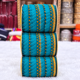 Turquoise Blue & Gold Pleated Frill Lace Border for Saree, Blouse & Dupatta – Pack of 3 Rolls