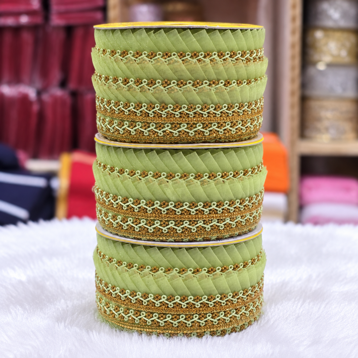 Pista Green & Gold Pleated Frill Lace Border for Saree, Blouse & Dupatta – Pack of 3 Rolls
