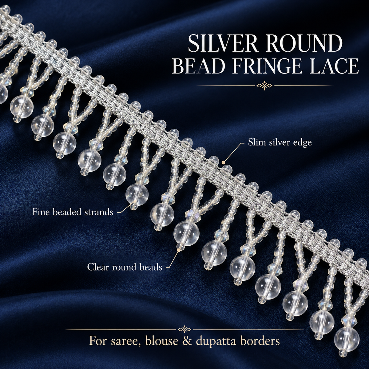 Premium Silver Crystal Bead Hanging Fringe Lace Border with Transparent Round Beads for Saree, Blouse, Dupatta, Lehenga & Dress  9 Meter