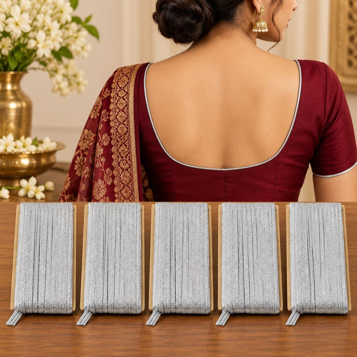 Silver Blouse Piping Dori Pack of 5 | Decorative Piping Cord for Blouse, Saree & Dress Stitching