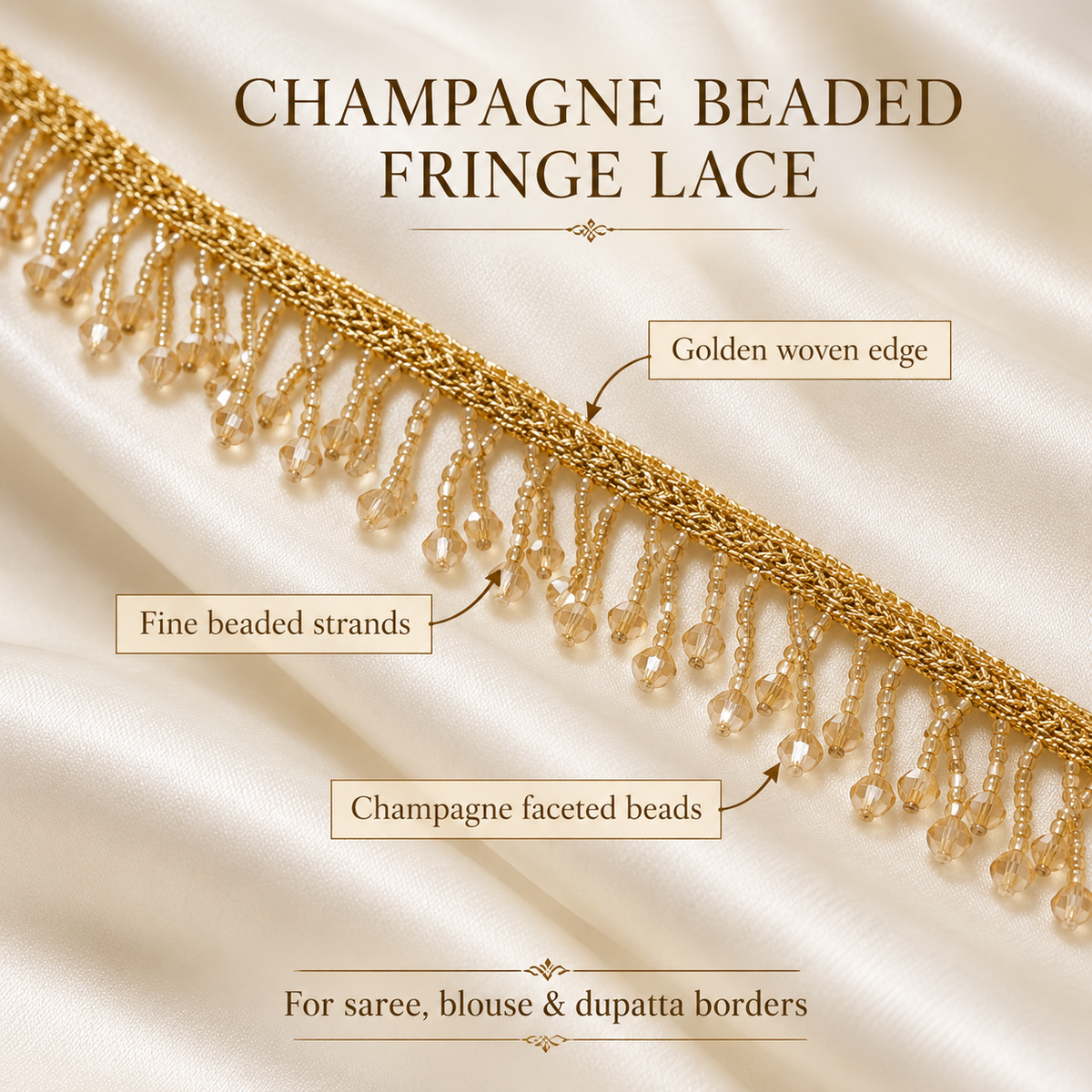 Premium Champagne Gold Oval Crystal Beaded Hanging Lace Border – 9 Meter | Designer Golden Fringe Lace for Saree, Dupatta, Blouse & Lehenga