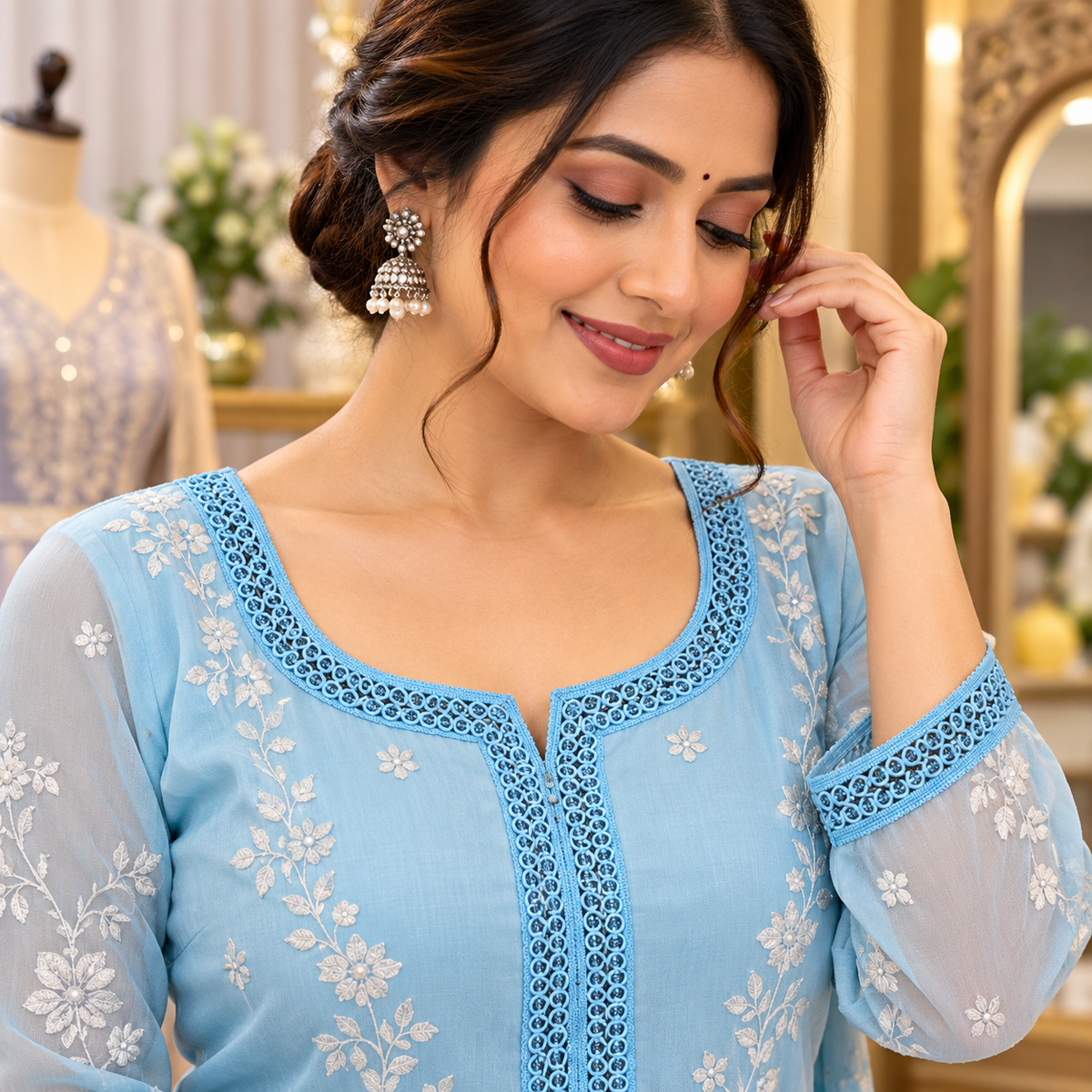 Sky Blue Designer Loop Lace Border 18 Meter | Embroidered Decorative Lace Trim for Kurti, Blouse, Saree, Dupatta & Dress | Pack of 2 Rolls