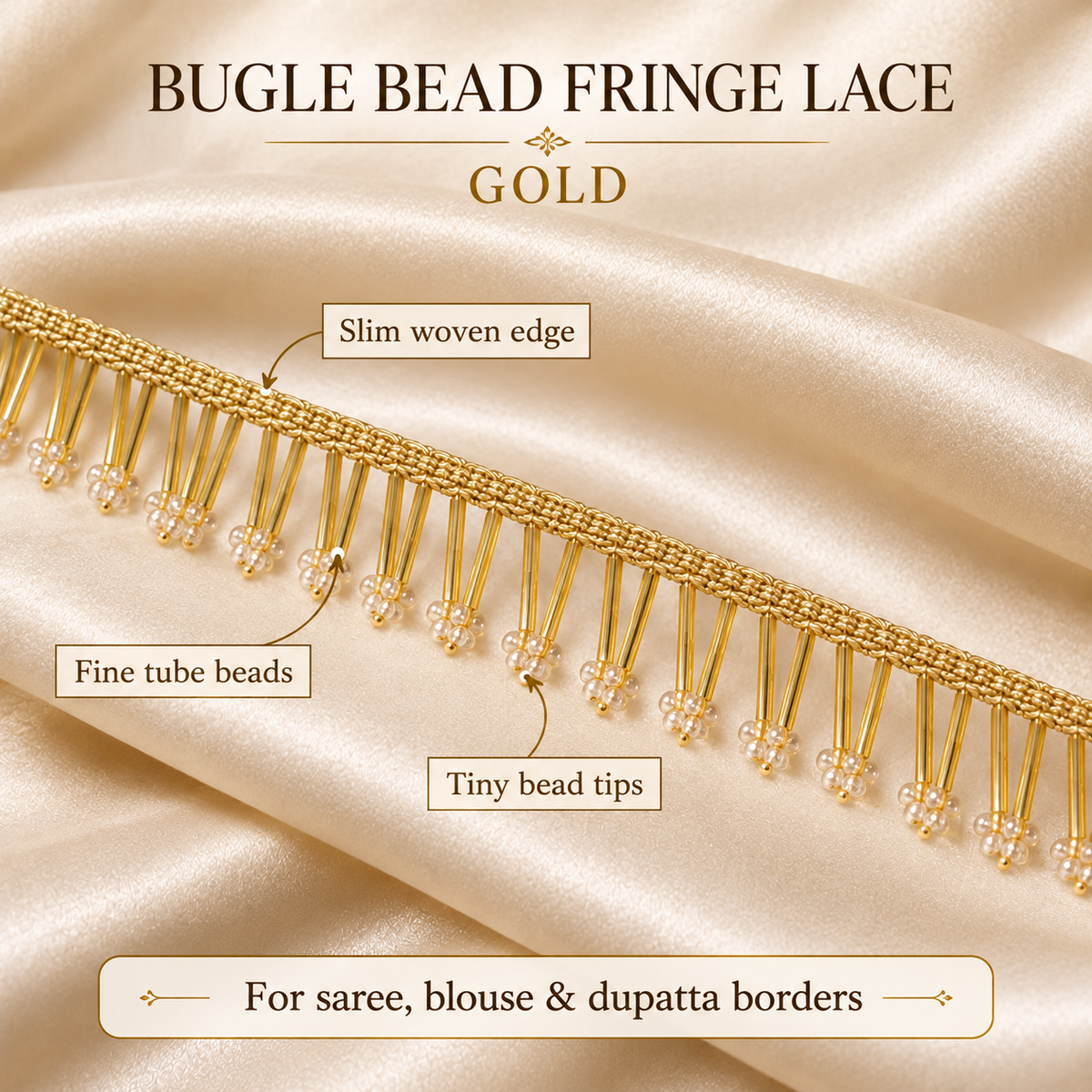 Premium Golden Bugle Bead Fringe Lace Border – 9 Meter | Designer Hanging Pearl Tip Lace for Saree, Blouse, Dupatta & Lehenga