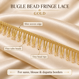 Premium Golden Bugle Bead Fringe Lace Border – 9 Meter | Designer Hanging Pearl Tip Lace for Saree, Blouse, Dupatta & Lehenga