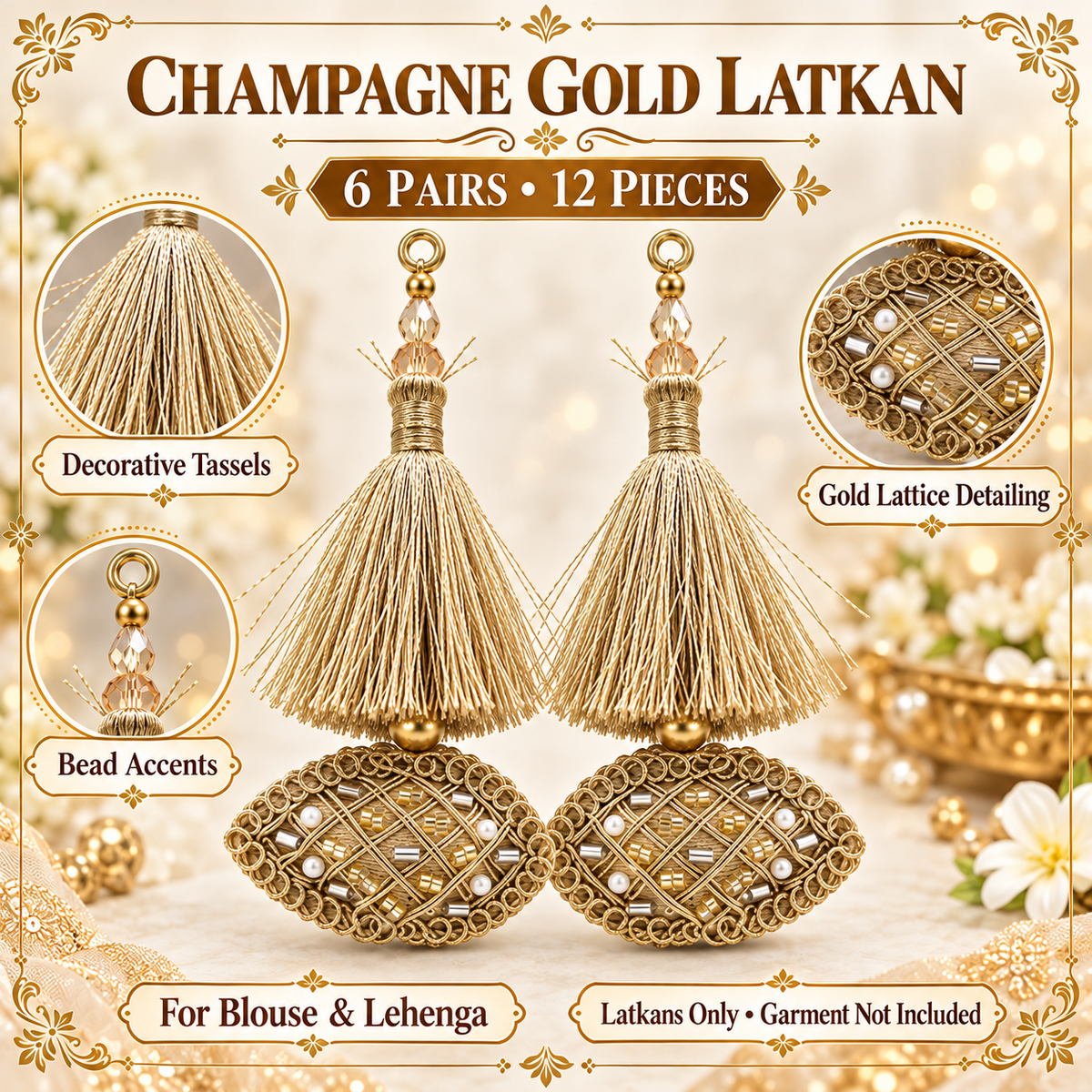 Champagne Gold Decorative Tassel Latkan for Blouse & Lehenga – Pack of 12 Pieces, 6 Pairs