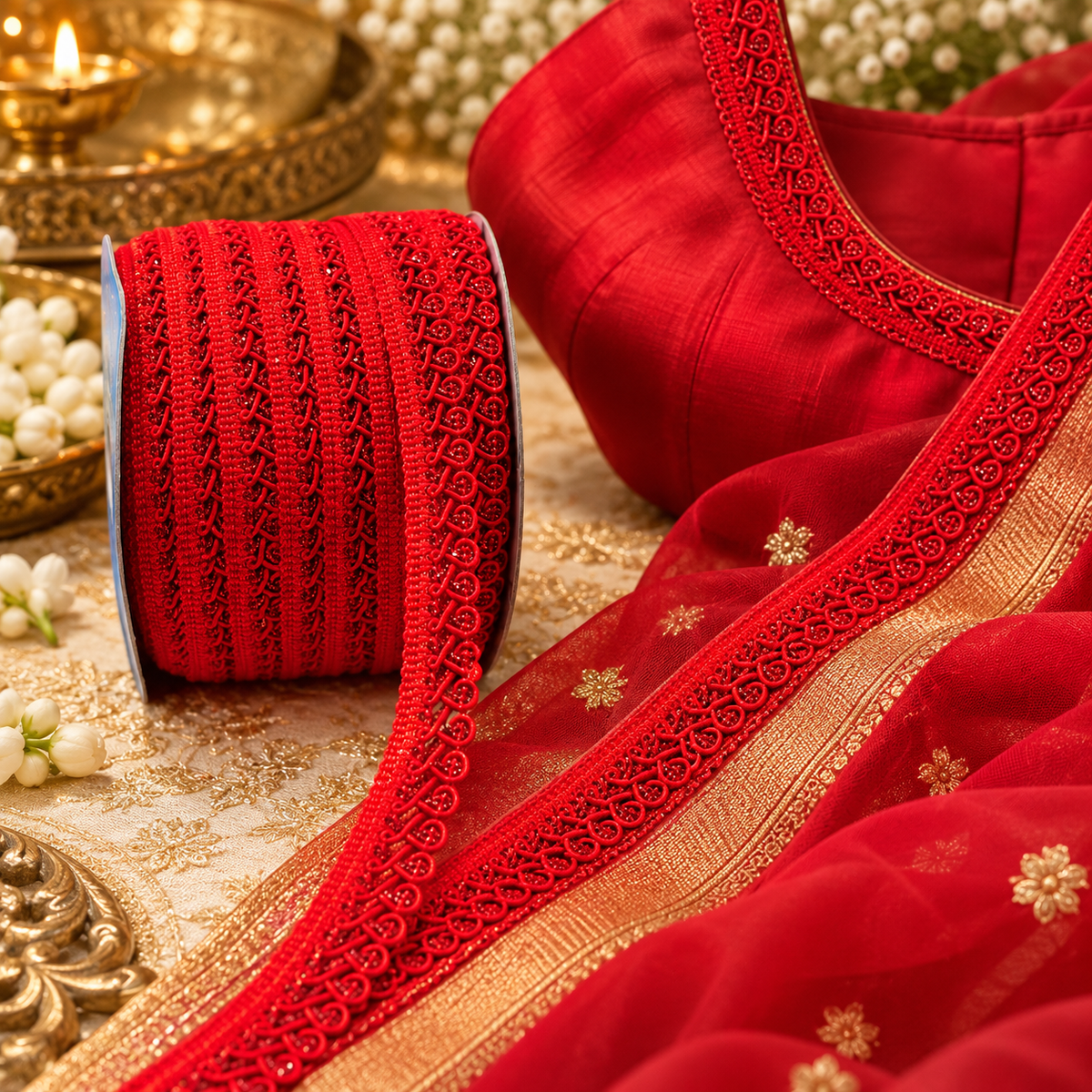 Red Designer Loop Lace Border 18 Meter | Decorative Embroidered Lace Trim for Saree, Blouse, Kurti, Dupatta & Lehenga