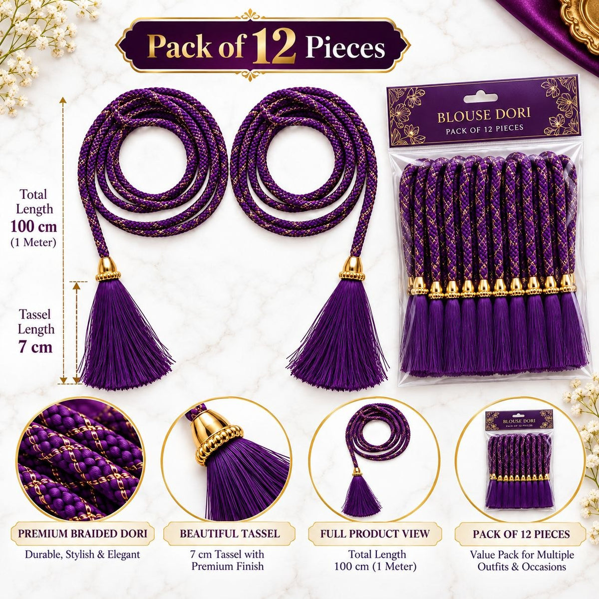 Purple Blouse Dori with Tassel Latkan | 1 Meter Braided Dori | Pack of 12