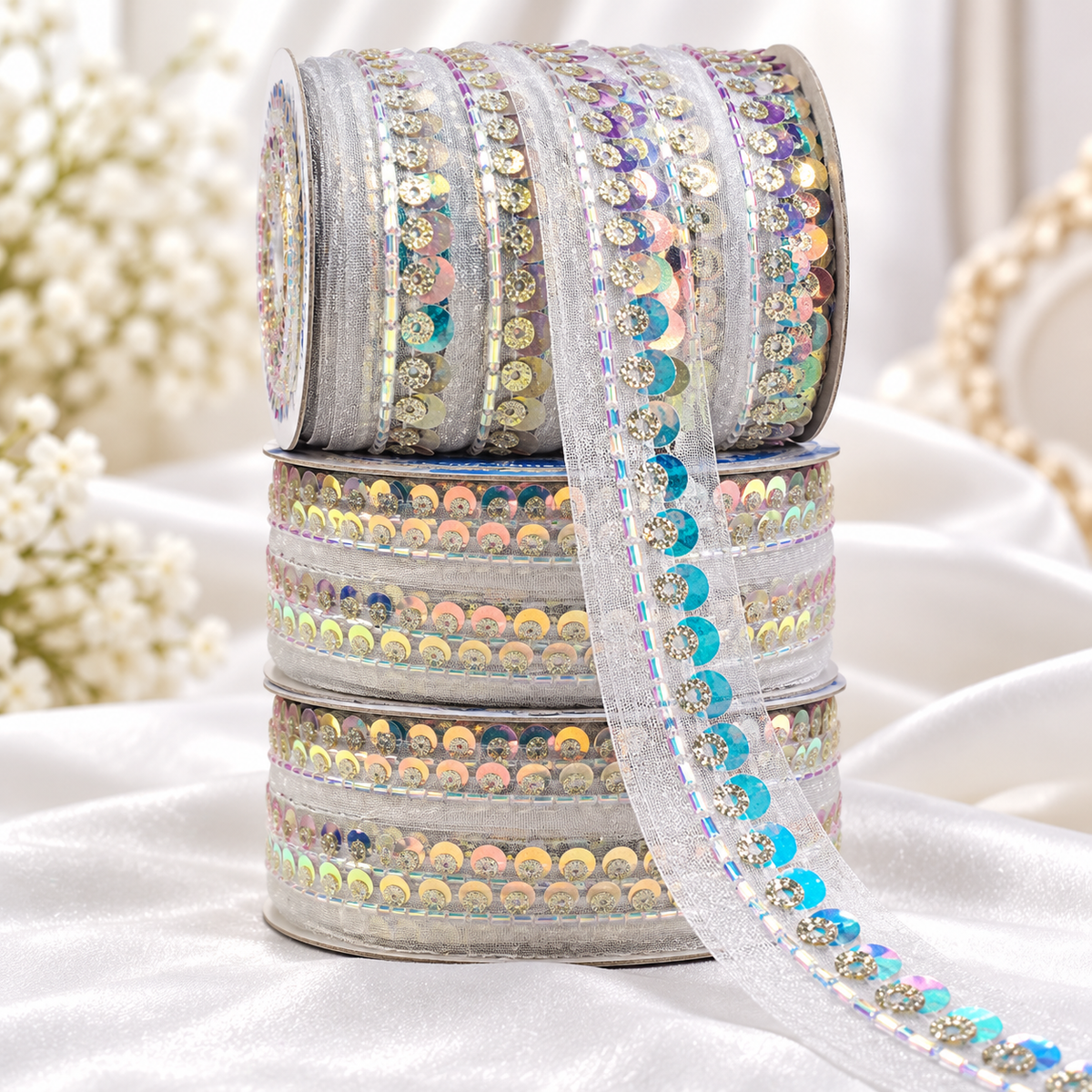 Silver Iridescent Sequin & Bead Work Lace Border for Saree, Blouse & Dupatta – Pack of 3 Rolls, 9 Meters Each