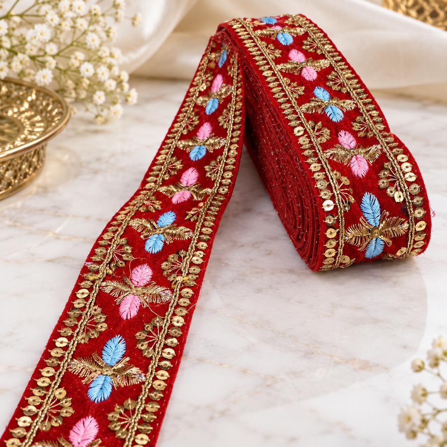 Premium Red Velvet Embroidered Lace Border with Pink Blue Floral Design & Golden Sequin Work for Saree, Blouse, Lehenga, Dupatta & Kurti