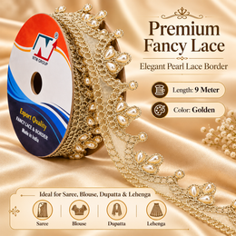 Golden Pearl Work Scalloped Net Lace Border for Saree, Blouse, Dupatta & Lehenga – 9 Meter Roll