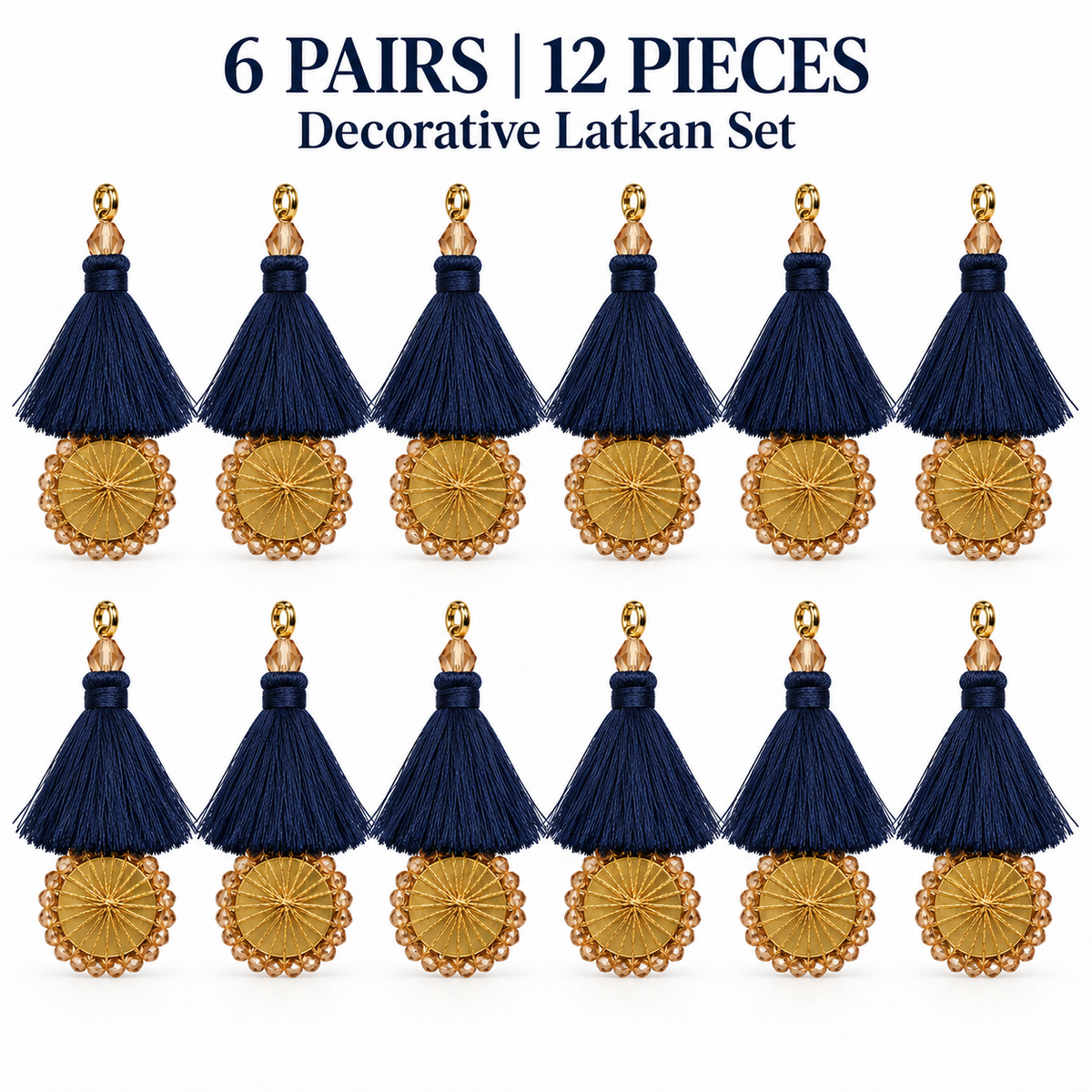 Navy Blue Thread Tassel Latkan with Golden Round Beaded Design for Blouse & Lehenga – 6 Pairs (12 Pieces)
