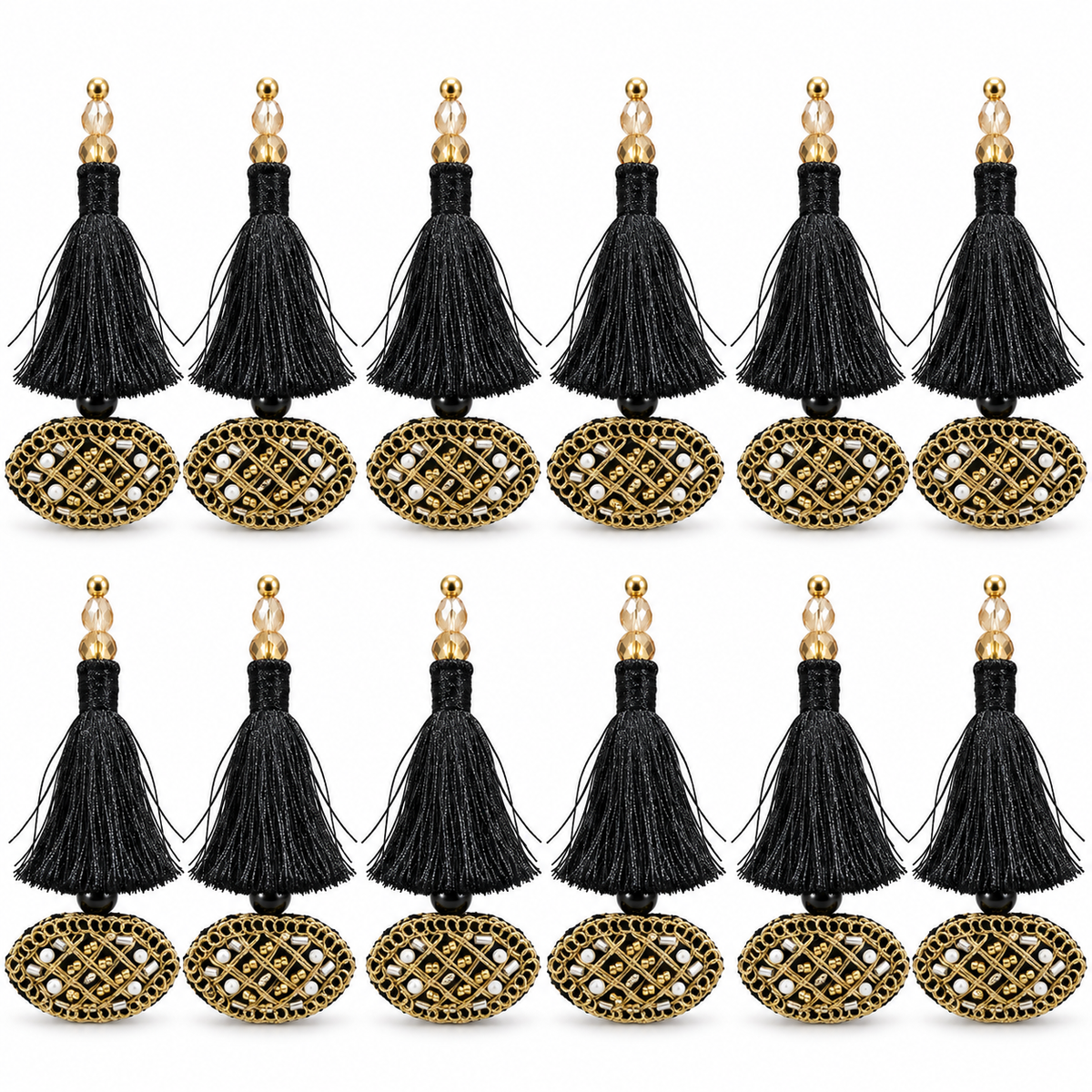 Black & Gold Decorative Tassel Latkan for Blouse & Lehenga – Pack of 12 Pieces, 6 Pairs
