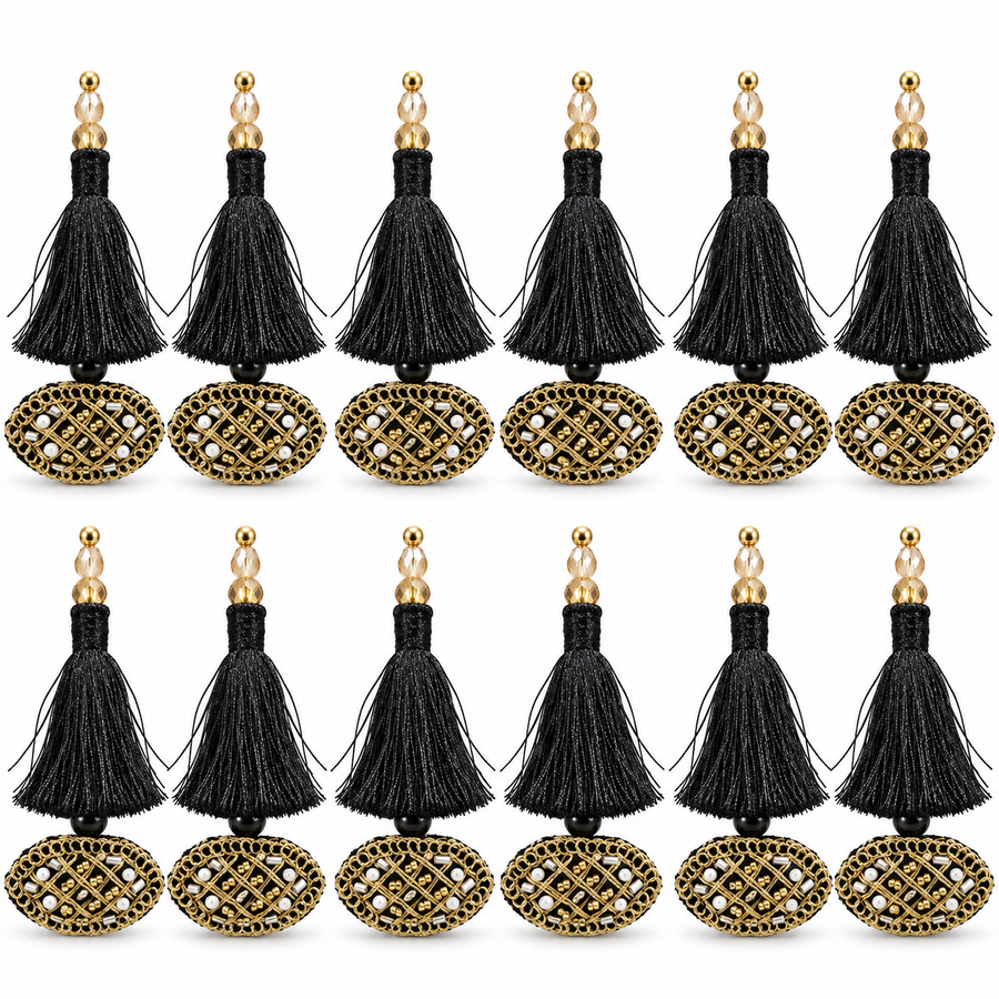 Black & Gold Decorative Tassel Latkan for Blouse & Lehenga – Pack of 12 Pieces, 6 Pairs