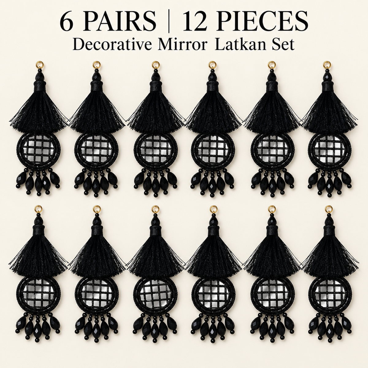 Jet Black Thread Tassel Mirror Latkan with Hanging Beads for Blouse & Lehenga – 6 Pairs (12 Pieces)