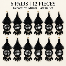 Jet Black Thread Tassel Mirror Latkan with Hanging Beads for Blouse & Lehenga – 6 Pairs (12 Pieces)