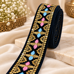 Premium Navy Blue Floral Embroidered Lace Border with Golden Zari & Sequin Work for Saree, Blouse, Dupatta, Lehenga & Kurti – 9 Meter