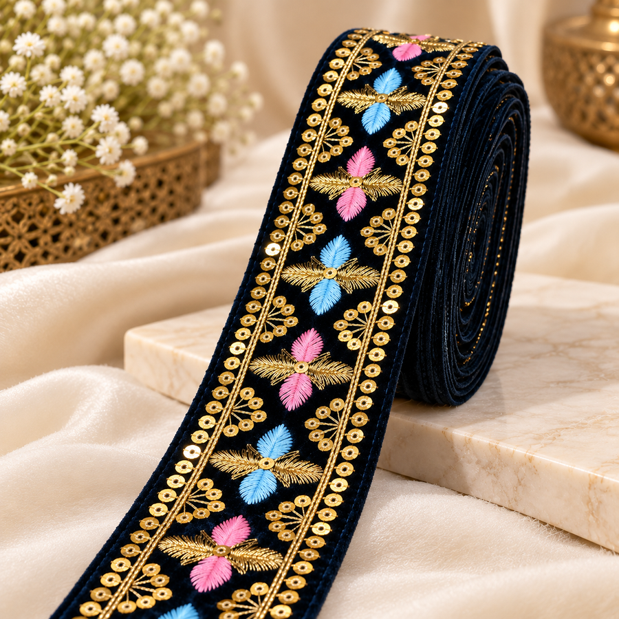 Premium Navy Blue Floral Embroidered Lace Border with Golden Zari & Sequin Work for Saree, Blouse, Dupatta, Lehenga & Kurti – 9 Meter