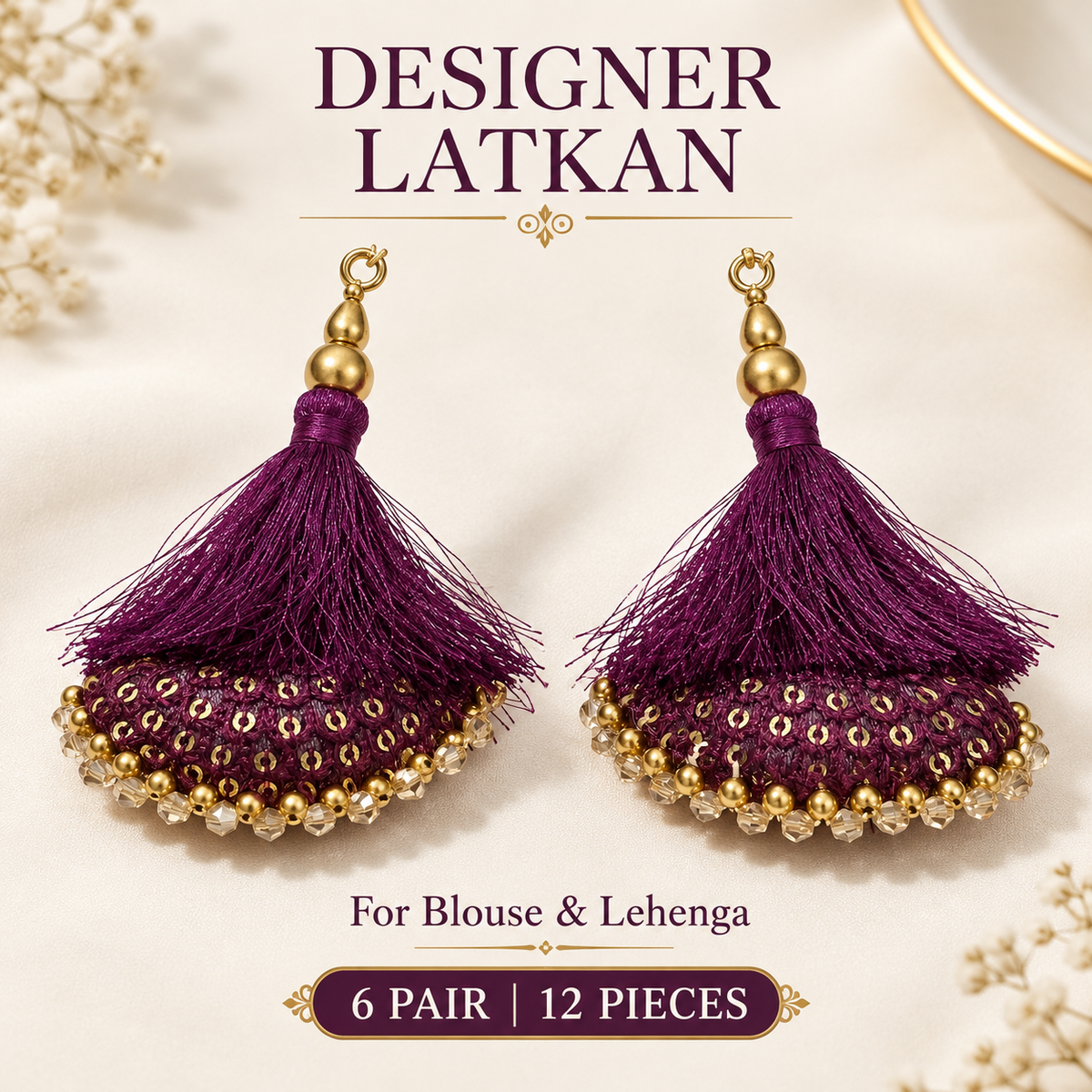 Designer Wine Purple Blouse & Lehenga Latkan with Golden Beads and Sequins – Pack of 12 Pieces (6 Pairs)