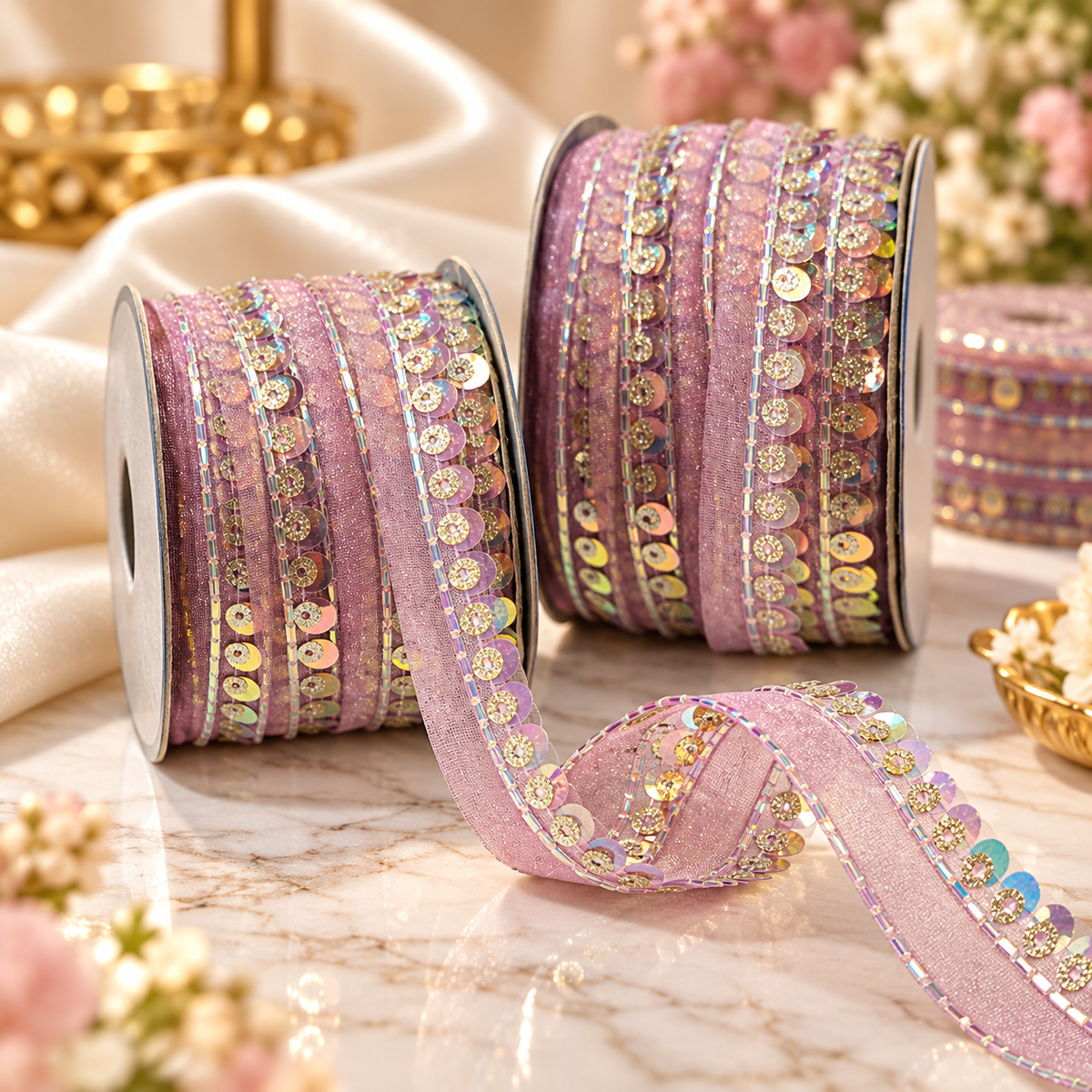 Light Pink Sequin & Bead Work Decorative Lace Border for Saree, Blouse & Dupatta – Pack of 3 Rolls, 9 Meters Each