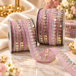 Light Pink Sequin & Bead Work Decorative Lace Border for Saree, Blouse & Dupatta – Pack of 3 Rolls, 9 Meters Each