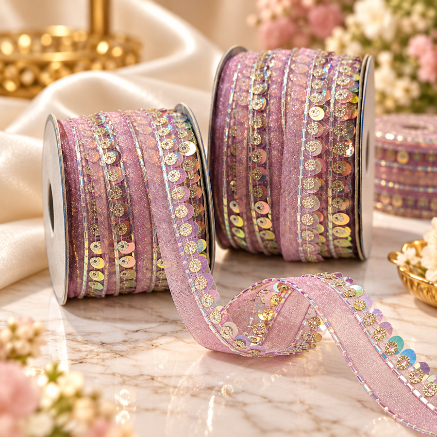 Light Pink Sequin & Bead Work Decorative Lace Border for Saree, Blouse & Dupatta – Pack of 3 Rolls, 9 Meters Each
