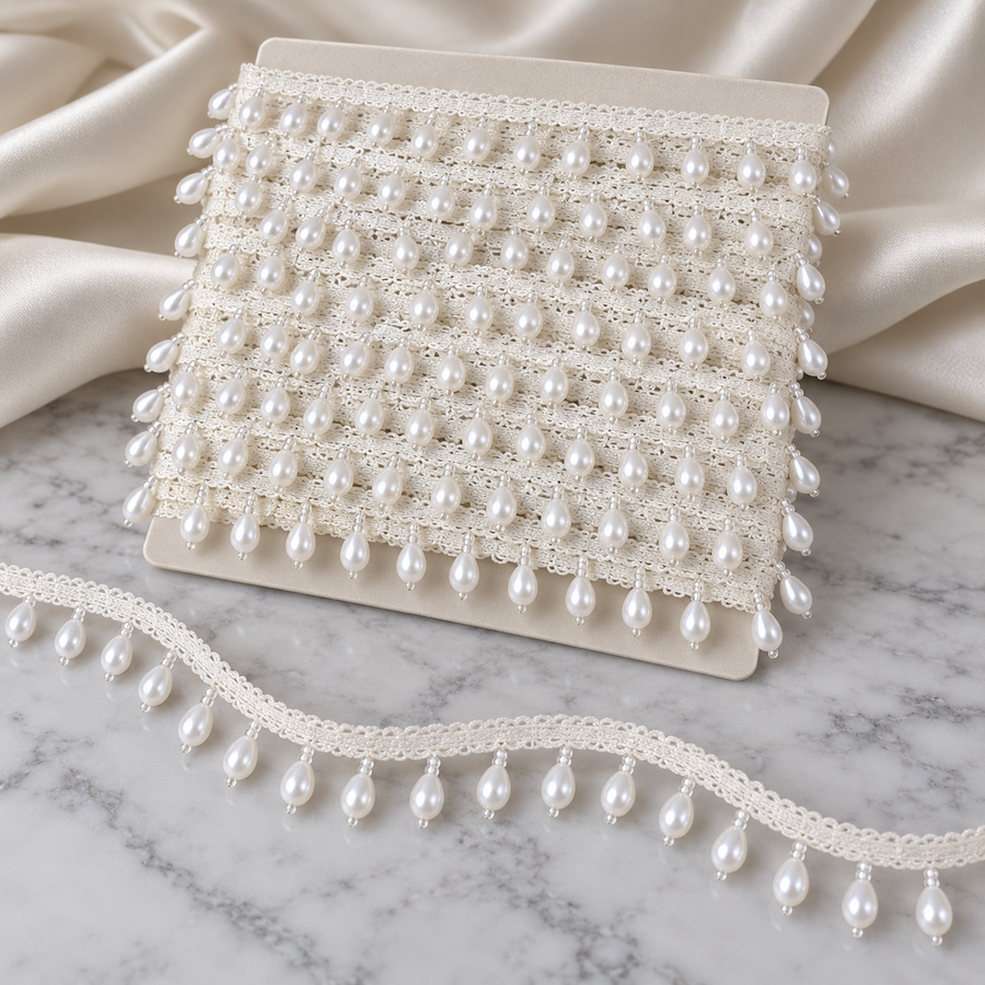 Premium White Pearl Drop Hanging Lace Border for Saree, Blouse, Dupatta,  9 Meter Lehenga & Dress Decoration | Designer Moti Latkan Lace