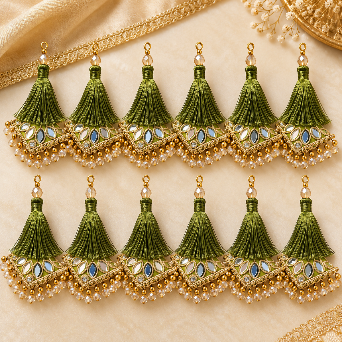 Mehndi Green Decorative Tassel Latkan for Blouse, Lehenga & Saree – Pack of 12 Pieces (6 Pairs)
