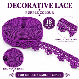 Purple Decorative Floral Lace 18 Meter for Blouse, Saree Border, Sleeves & Craft