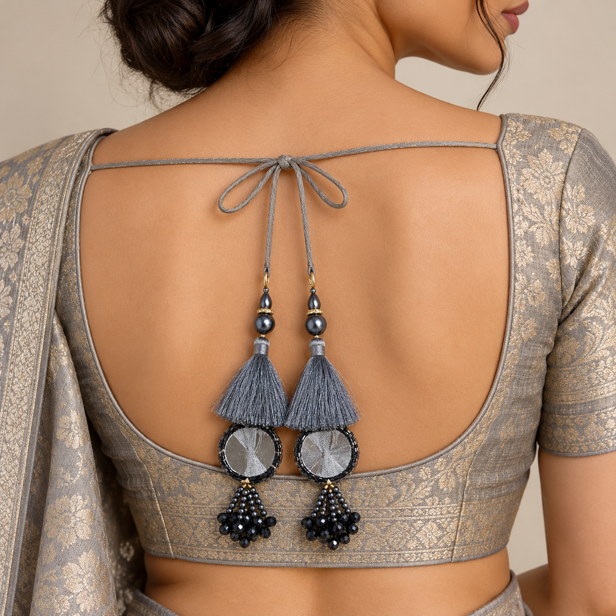 Grey & Black Mirror Work Designer Latkan for Blouse & Lehenga Dori | Silk Thread Tassels with Round Mirror & Black Crystal Bead Hanging | Pack of 12 Pieces (6 Pairs)